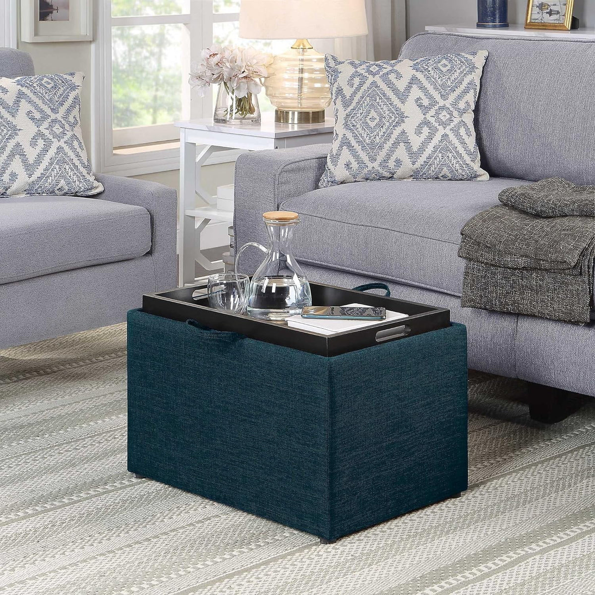 Dark Blue Fabric Storage Ottoman with Tray Q4849
