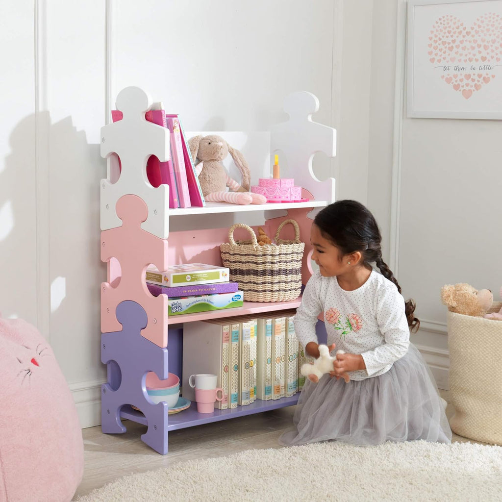 Wooden Puzzle Piece Bookcase with Three Shelves, Pastel F639948