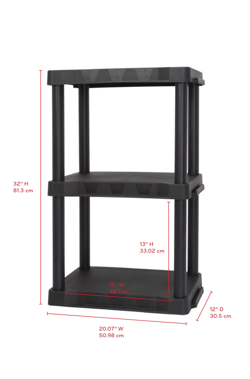 Black Plastic 3-Tier 32 H x 20.07 W x 12 D 150lb Capacity I31898