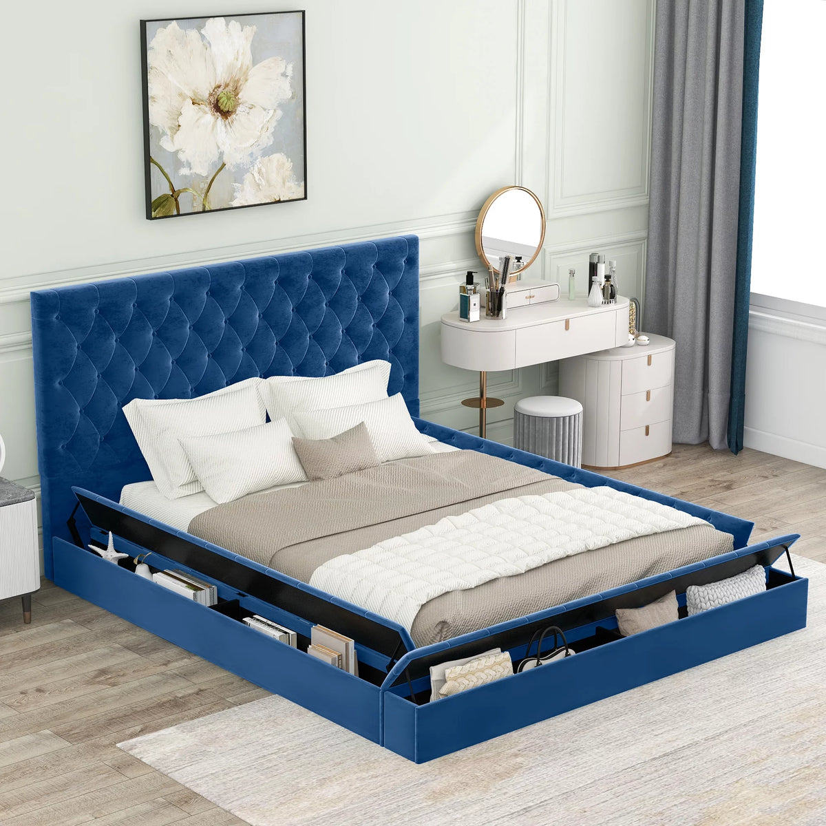 Blue Queen Upholstered Platform Bed with Storage A1446