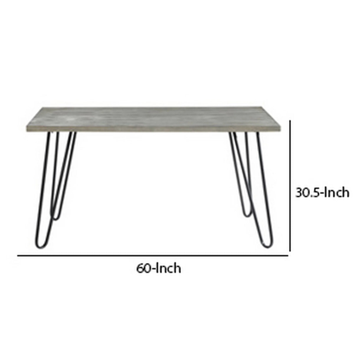 60 Inch Dining Table, 4 Seater, Metal Hairpin Legs, Gray B75462
