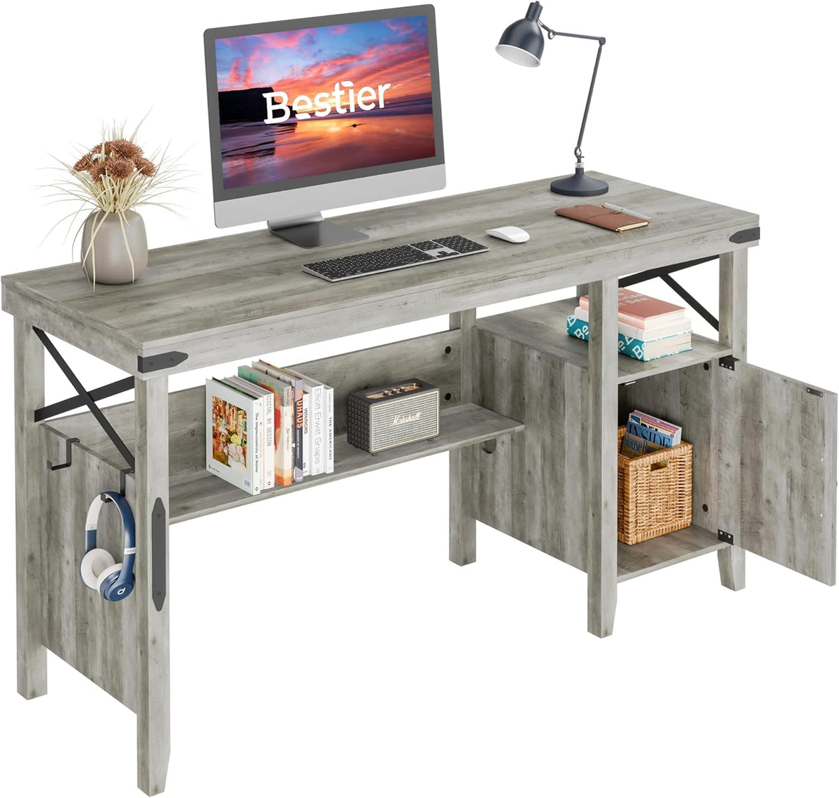 Rustic Brown 55 Inch Computer Desk with Storage Cabinet Z91018