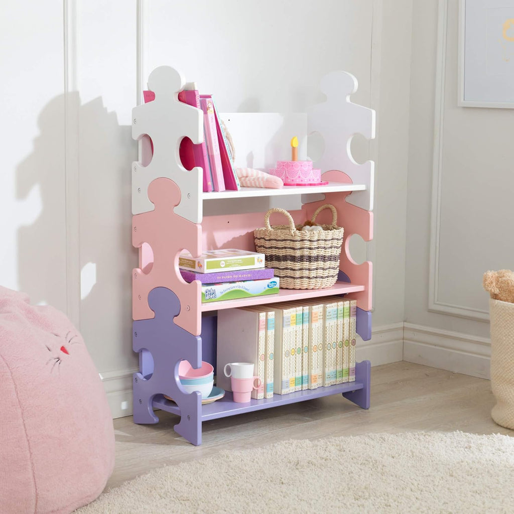 Wooden Puzzle Piece Bookcase with Three Shelves, Pastel F639948