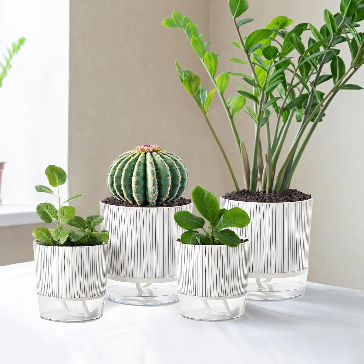 4 Pack Self Watering Pots, 4.3+5.5 Inch Planter Pot with Wick Rope and Reservoir V453