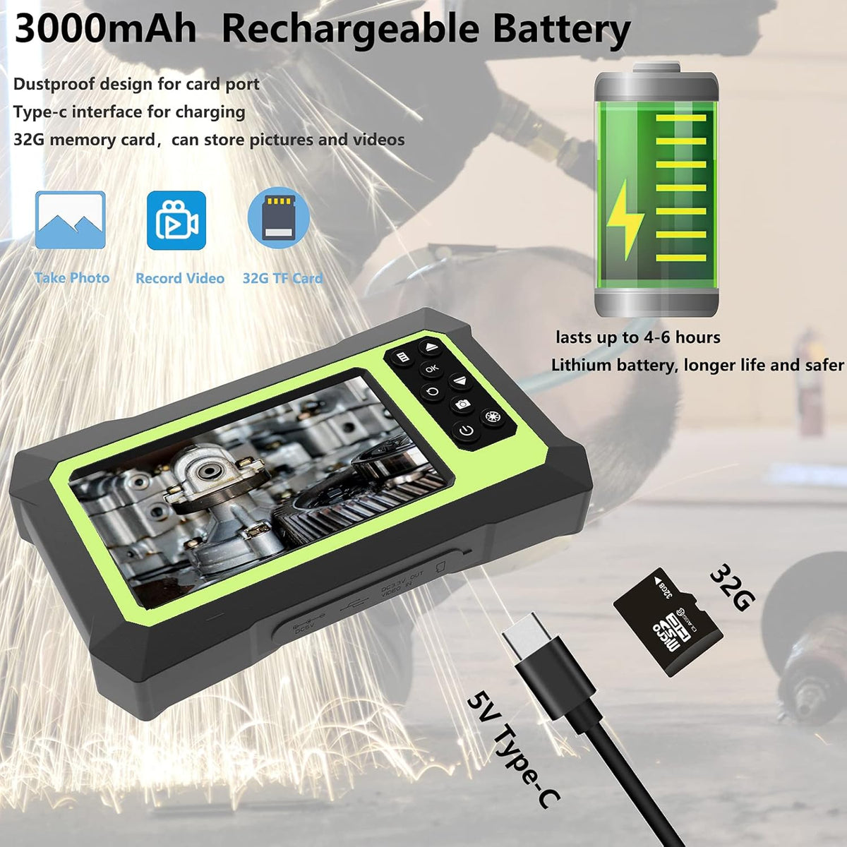Dual Lens Video Endoscope Camera with Lights, 1080P Borescope Inspection Camera, 8 mm IP67 Waterproof, 16.5FT Semi-Rigid Cable, 32GB Card D42543