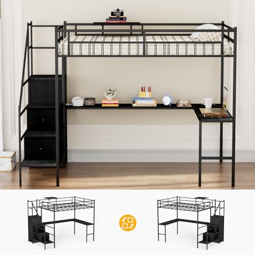 Black Full Size Loft Bed with L-Shaped Desk and Stairs X1305