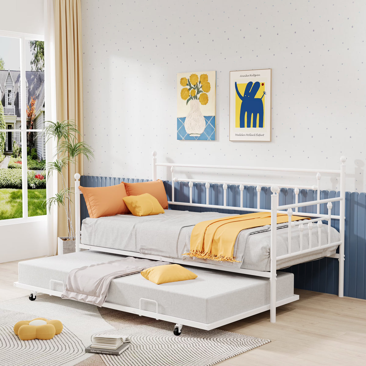 White Twin Size Metal Daybed with Trundle E2836