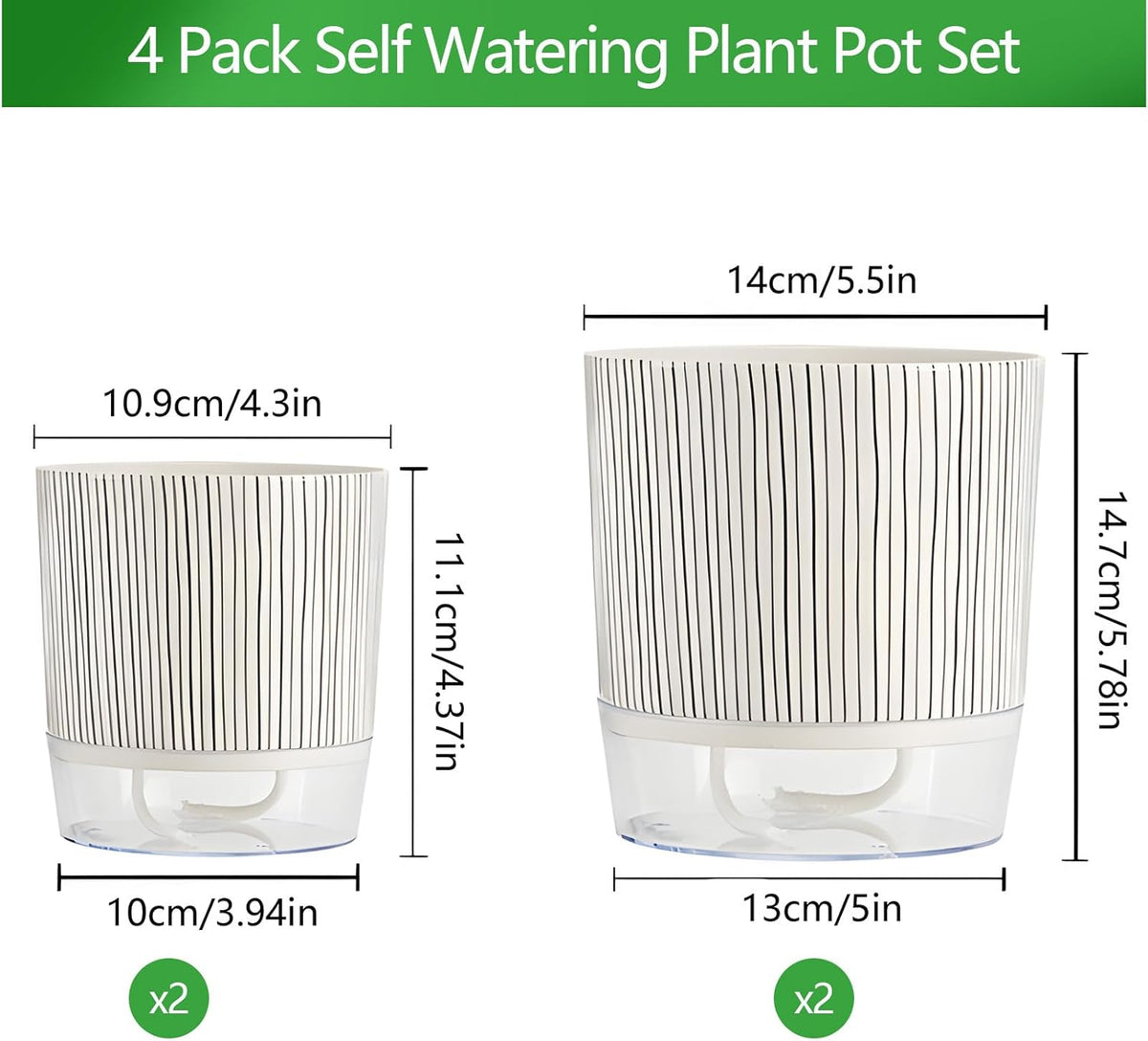 4 Pack Self Watering Pots, 4.3+5.5 Inch Planter Pot with Wick Rope and Reservoir V453