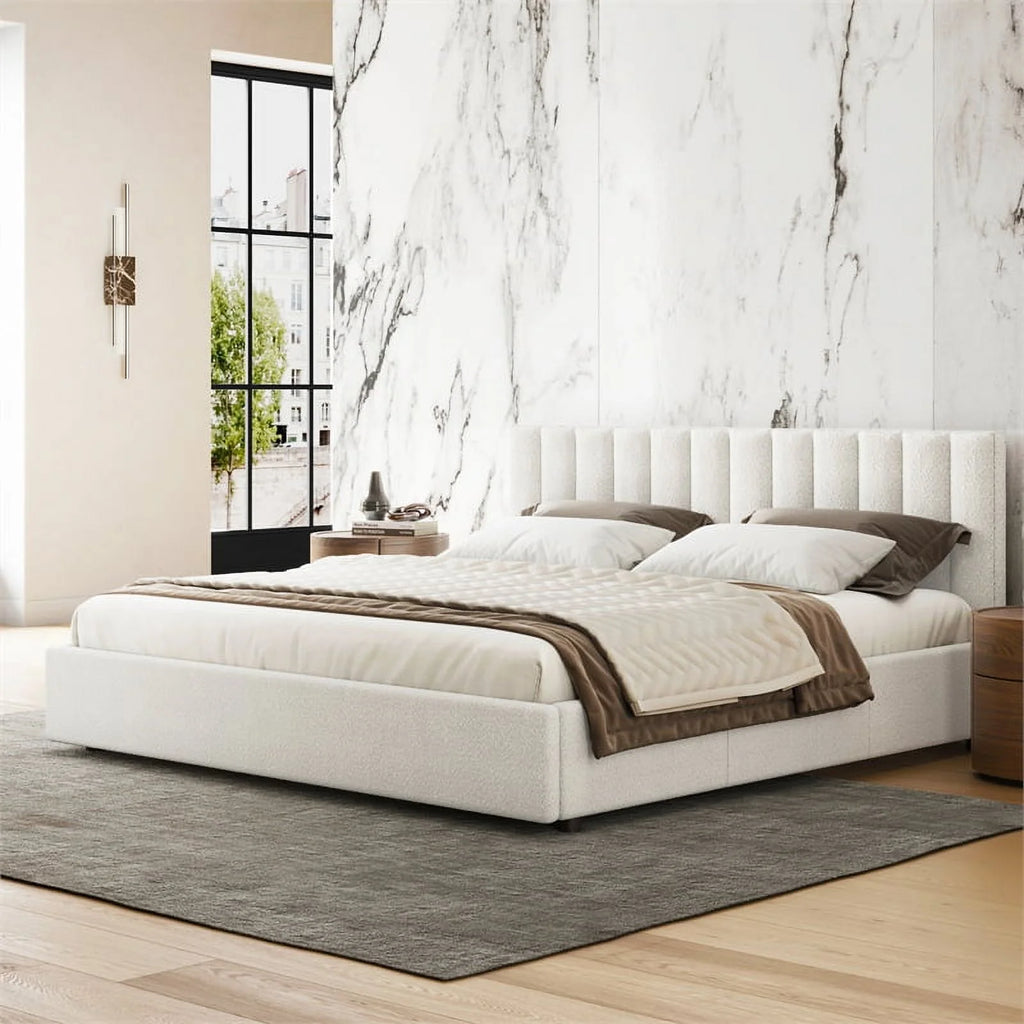 Queen Upholstered Platform Bed White Boucle Fabric J447827