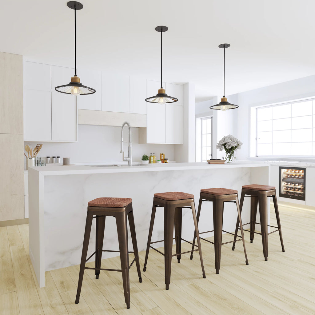 Set of Four 30 Inch Green Metal Backless Bar Stools H183