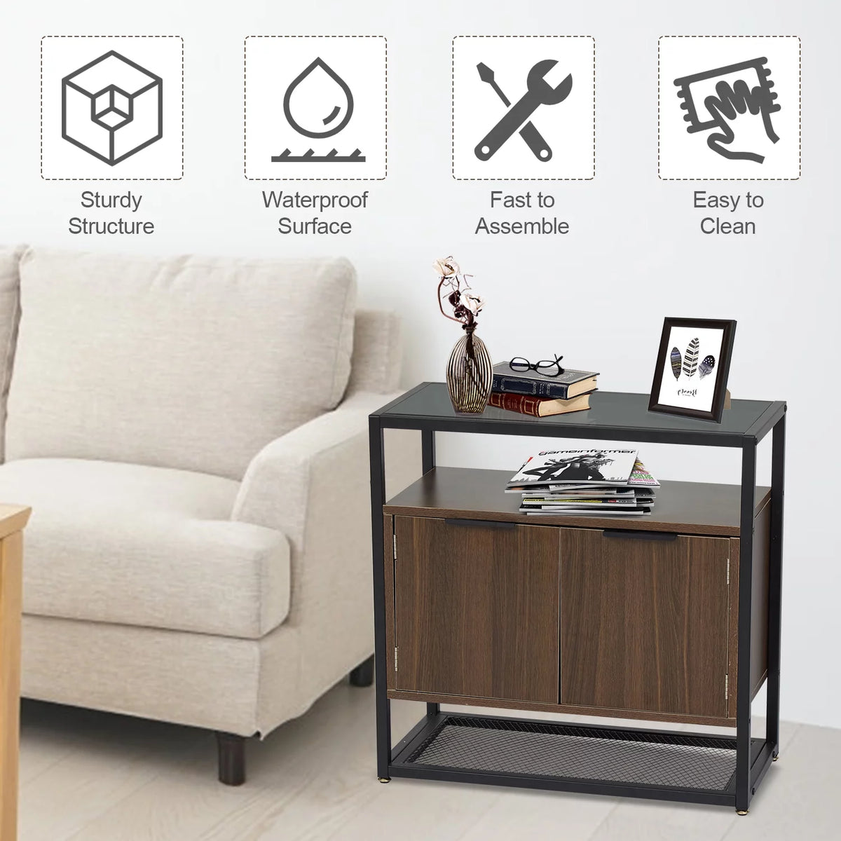 Industrial Floor Storage Cabinet with Glass Table Top F6781