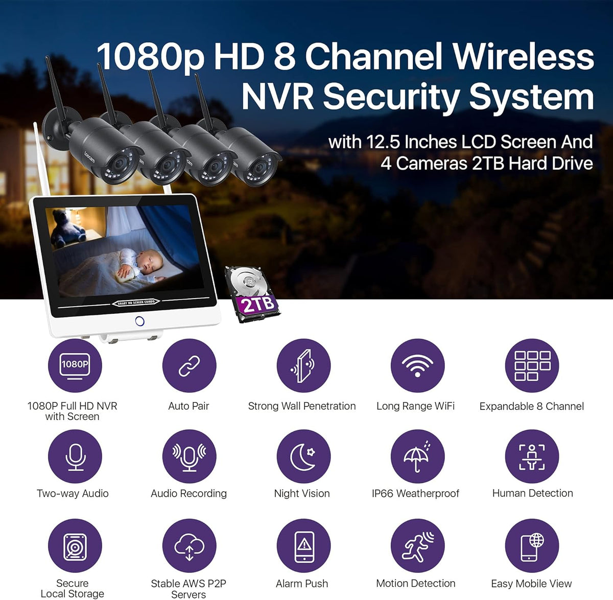 12.5inch LCD Monitor 1080P 8CH NVR 2TB HDD Wireless Video Surveillance System G97191