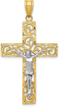 Solid Gold 10K Two-tone Diamond Cut Large Block Filigree Cross Pendant V431