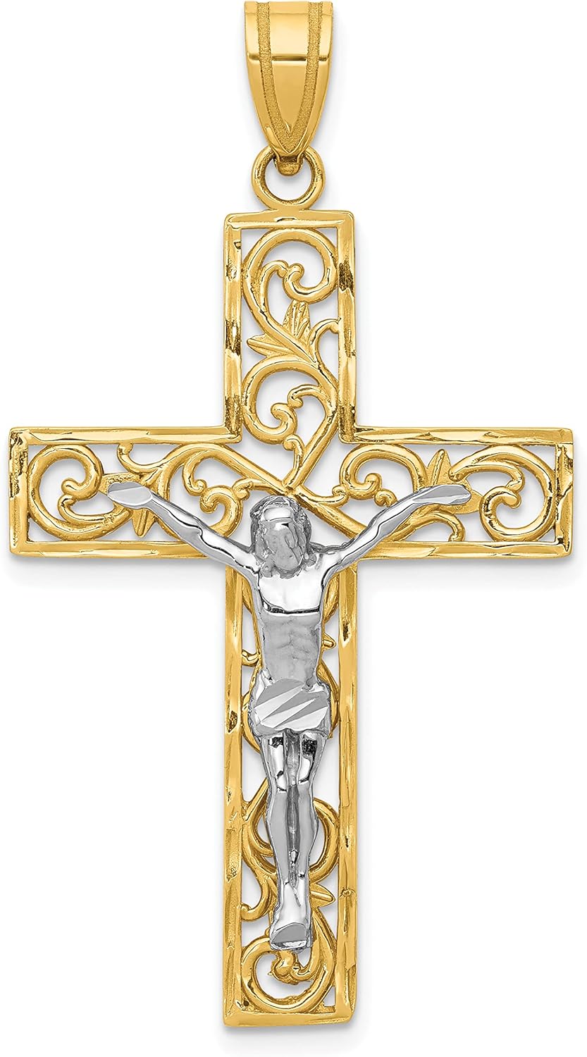 Solid Gold 10K Two-tone Diamond Cut Large Block Filigree Cross Pendant V431