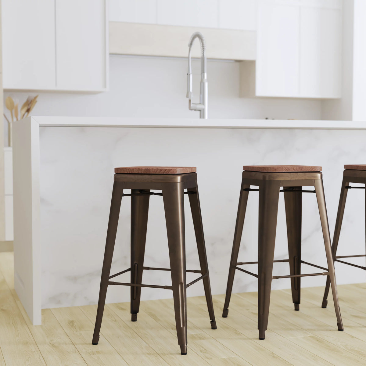 Set of Four 30 Inch Green Metal Backless Bar Stools H183