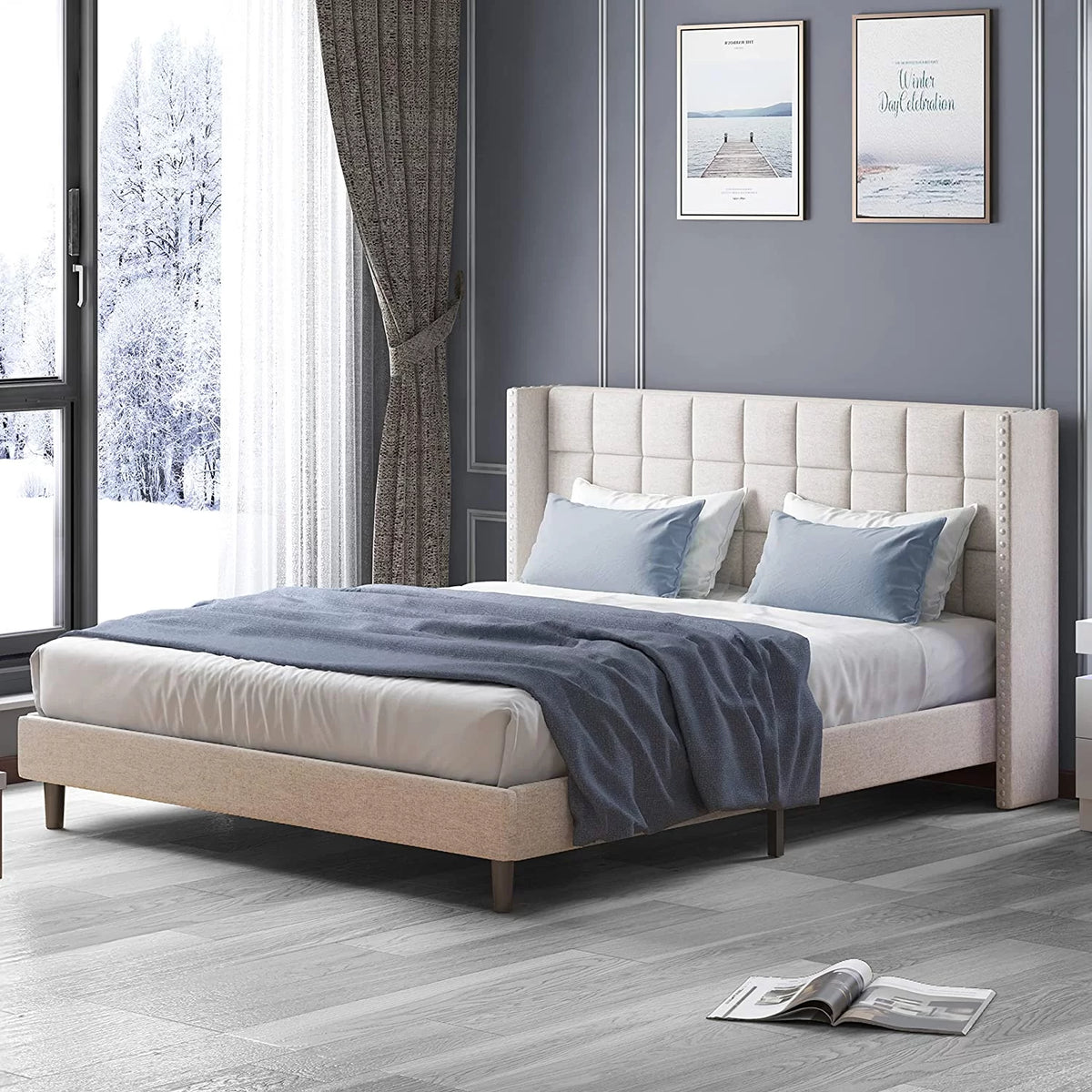 Full Size Wood Platform Bed Frame with Headboard J167