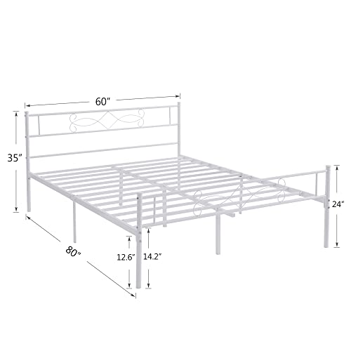 14" Full Size White Metal Platform Bed Frame with Headboard V286