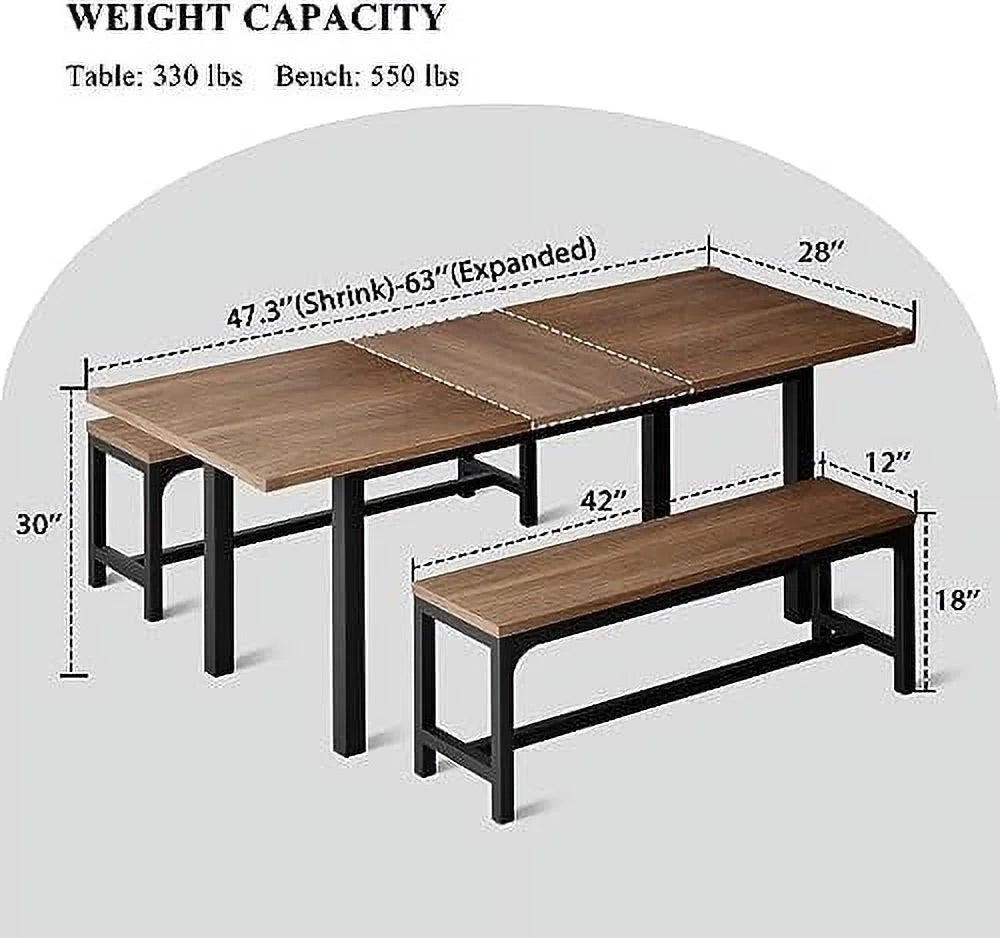 3-Piece Extendable Dining Table Set with 2 Benches K32277