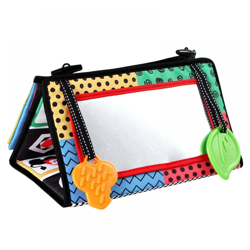 Tummy Time Floor Mirror with Crinkle Cloth Book and Teethers, High Contrast Black and White Baby Toys, Montessori Sensory Crawling Toy X423
