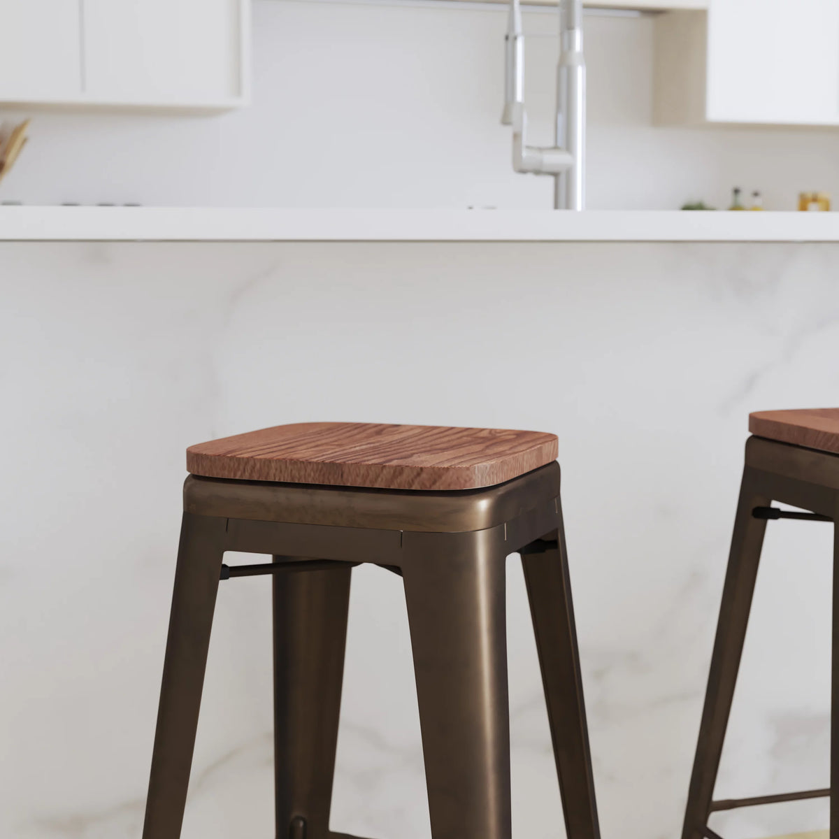 Set of Four 30 Inch Green Metal Backless Bar Stools H183