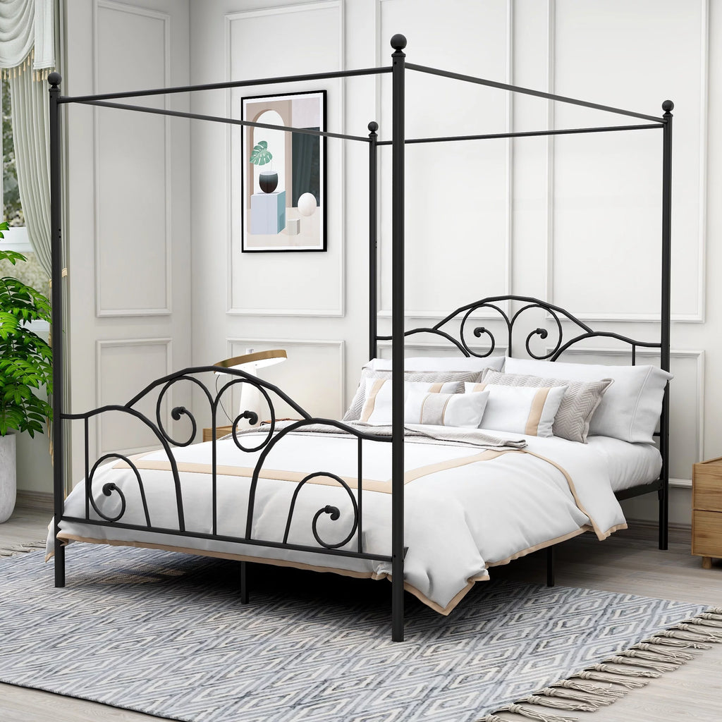 Vintage White Full Size Metal Canopy Bed Frame I8627