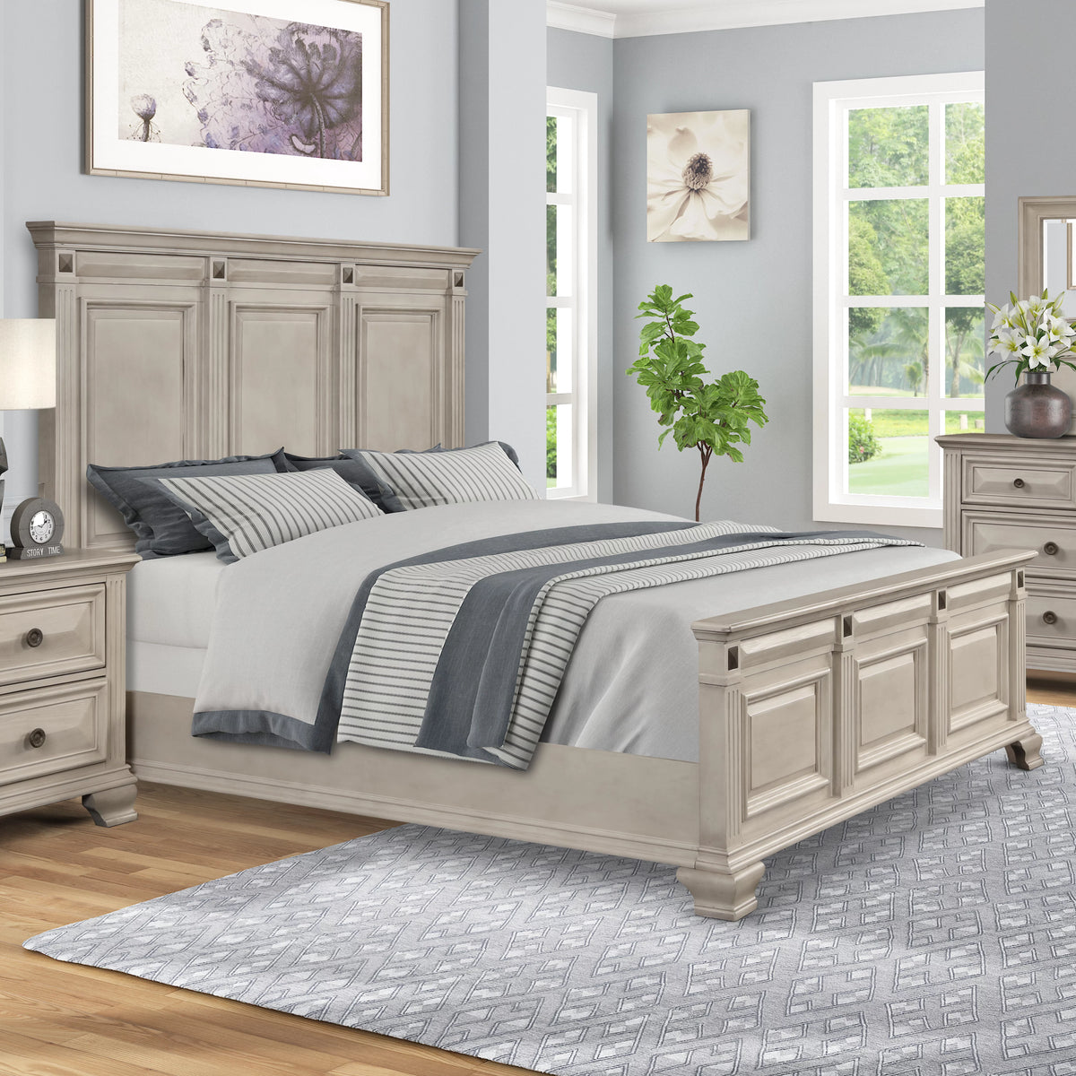 Queen Wood Bedroom Set with Dresser Mirror and Two Nightstands F49887