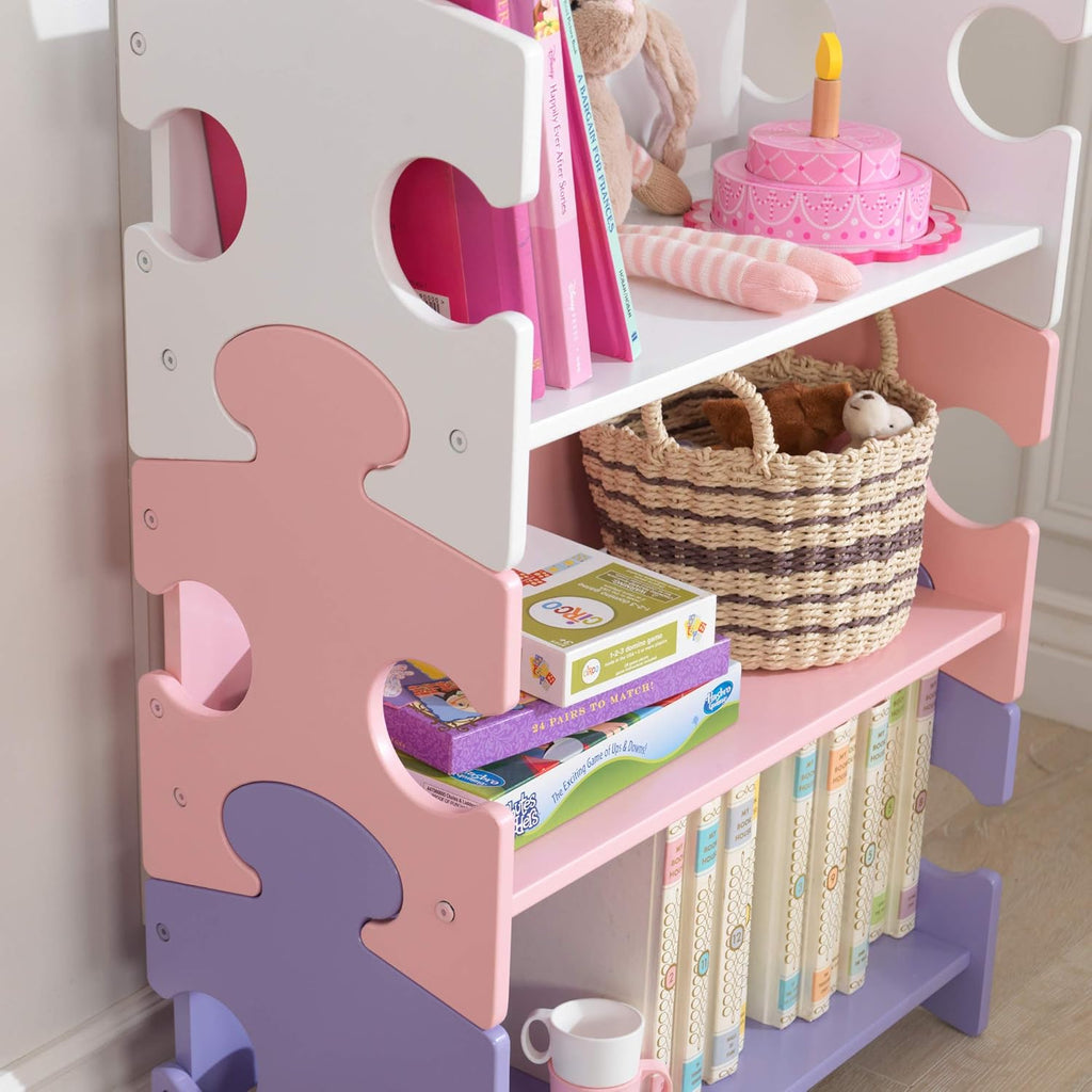 Wooden Puzzle Piece Bookcase with Three Shelves, Pastel F639948