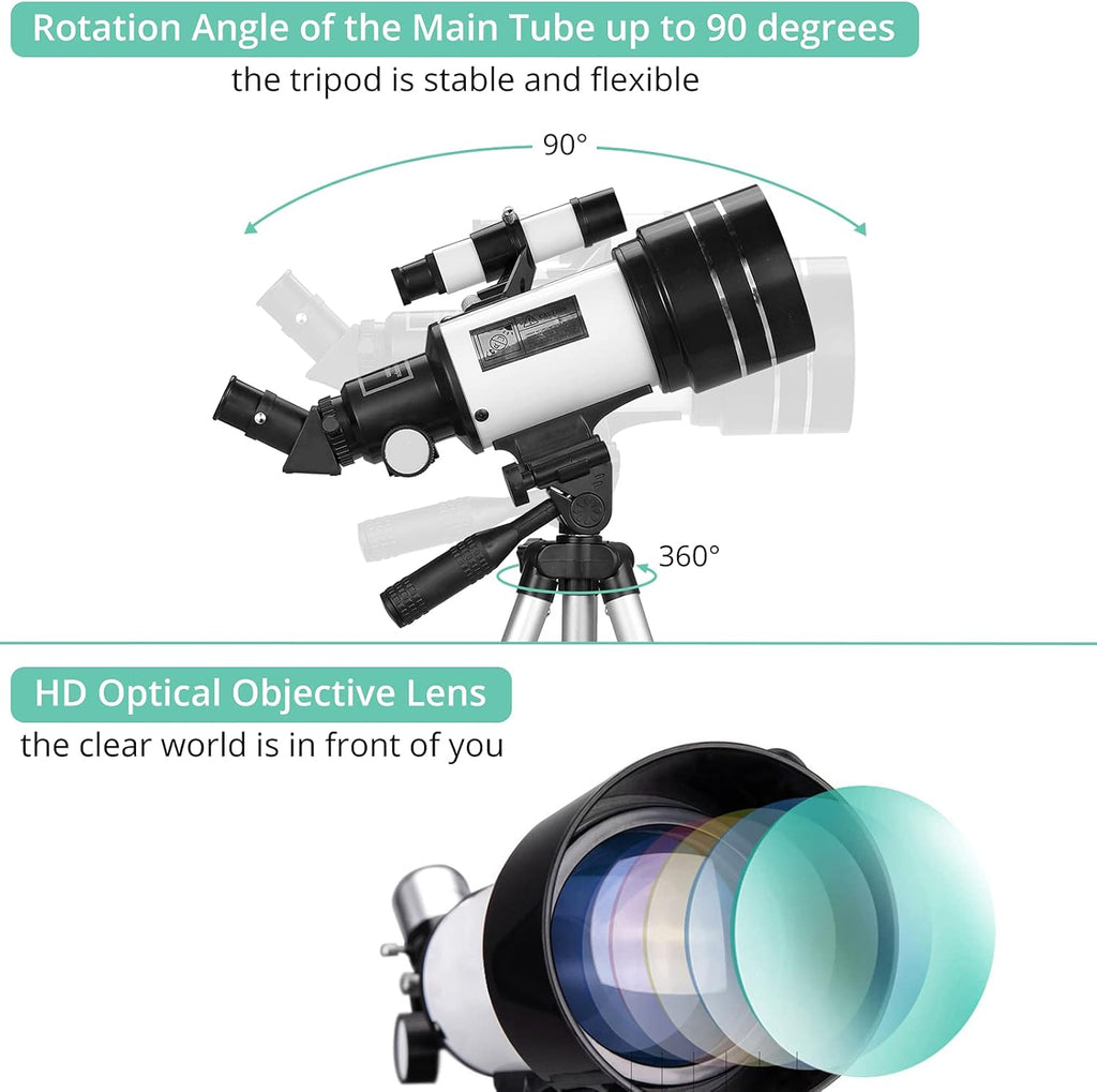 70mm Aperture 300mm Focal Length Refractor Telescope with Adjustable Tripod Stand I7389