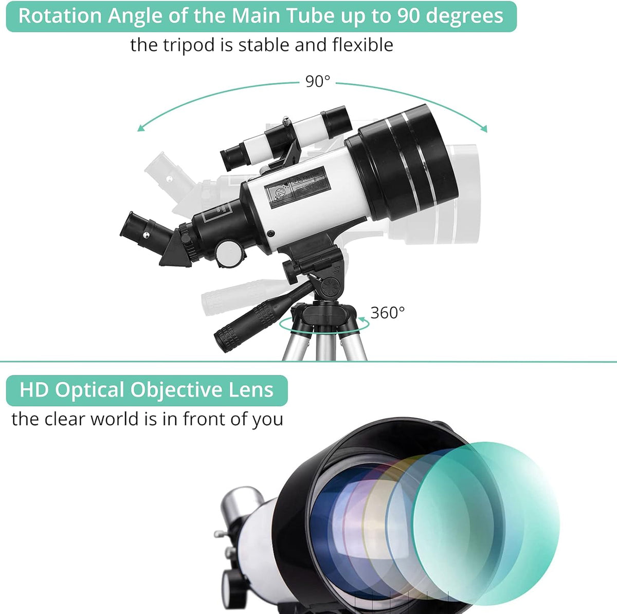 70mm Aperture 300mm Focal Length Refractor Telescope with Adjustable Tripod Stand I7389