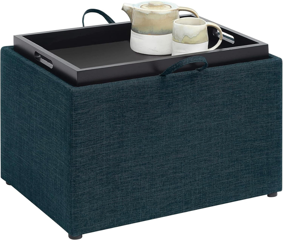 Dark Blue Fabric Storage Ottoman with Tray Q4849
