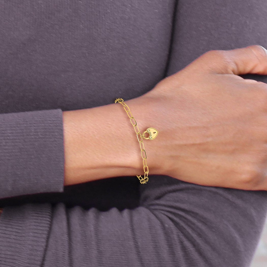 14k Gold Love Heart Lock Charm Pendant Necklace Paperclip Link Bracelet P83694