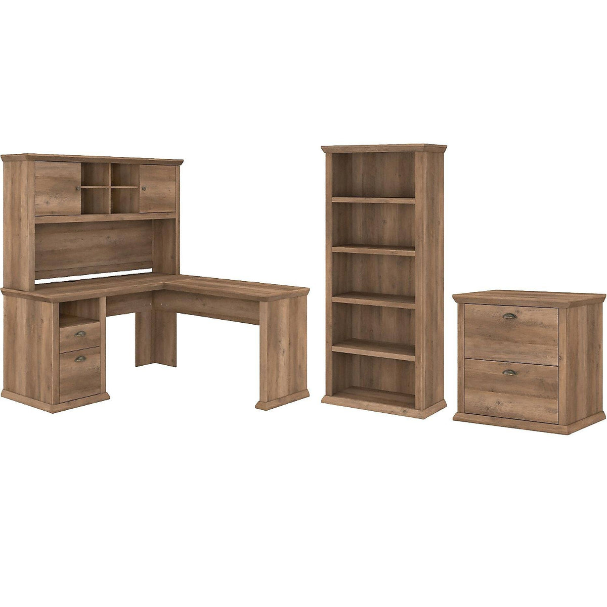 L Shaped Desk with Hutch, File Cabinet and 5 Shelf Bookcase A518
