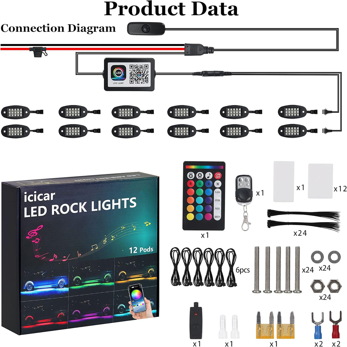 LED Rock Lights, 180 LEDs RGB IP68 Waterproof (12 Pods) B423833