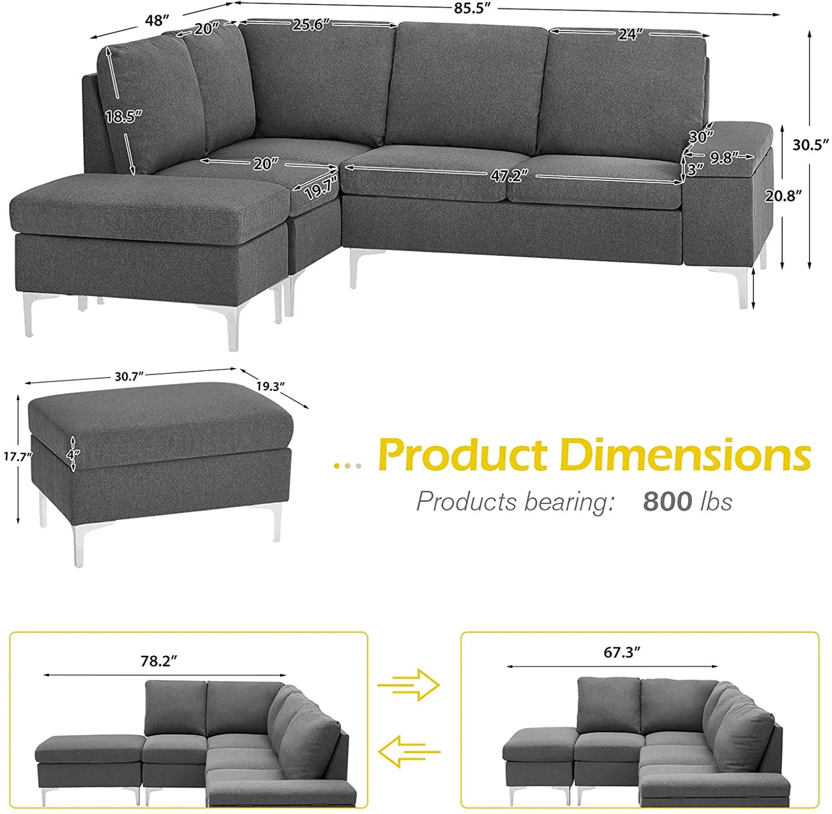 Gray Sectional Sofa with Armrest Storage L131781
