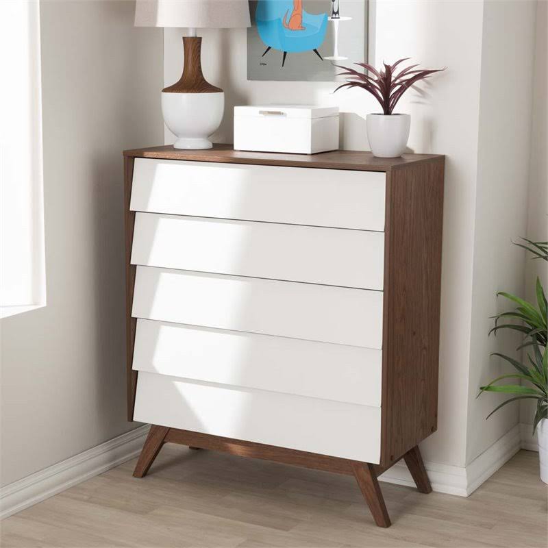 5 Drawer Chest in White and Walnut Brown Z3012