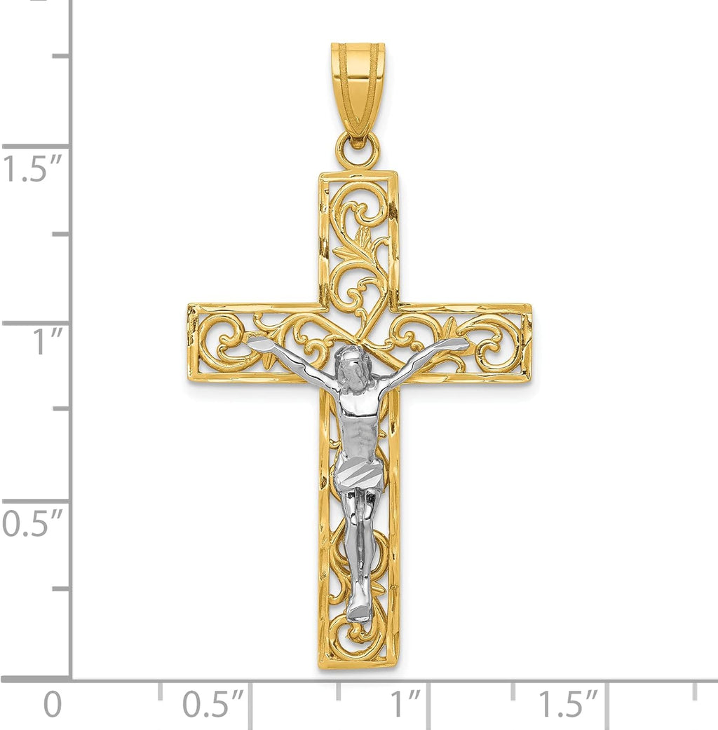 Solid Gold 10K Two-tone Diamond Cut Large Block Filigree Cross Pendant V431