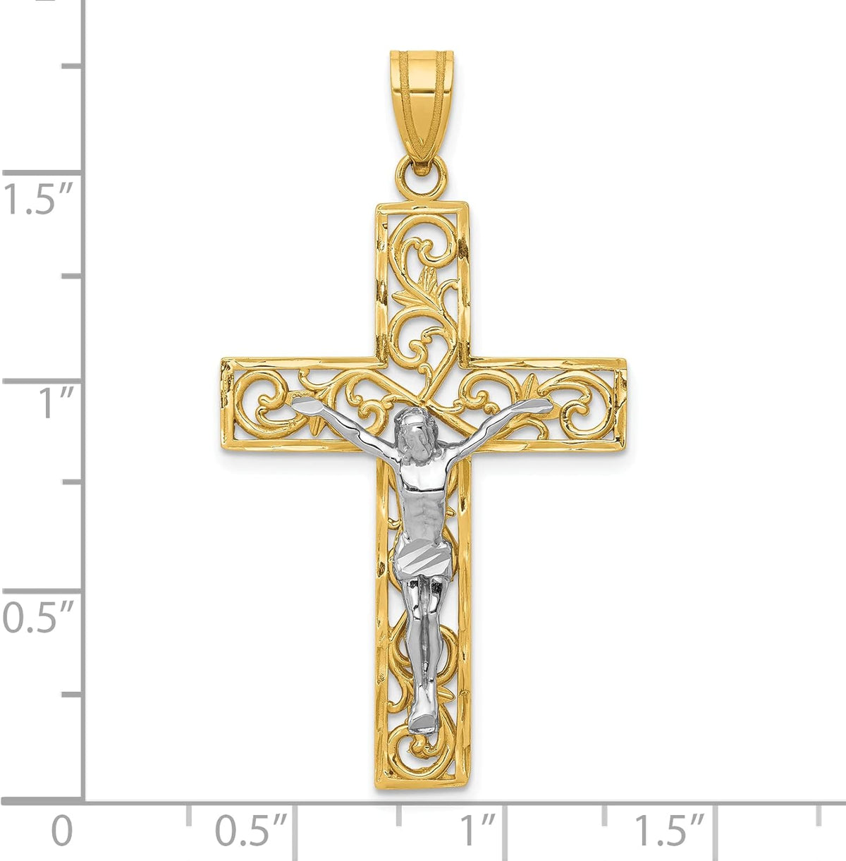 Solid Gold 10K Two-tone Diamond Cut Large Block Filigree Cross Pendant V431