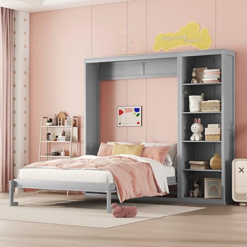 White Full Size Murphy Bed with Storage Shelves I93290