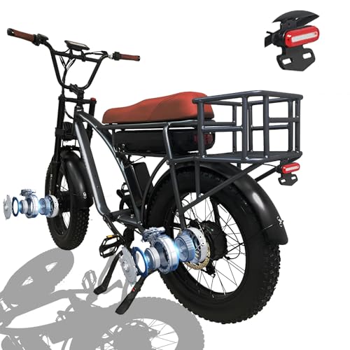 Dual Motor 2000W Electric Bike, Full Suspension, 18AH Removable Battery, Fat Tire Bicycle with Long Seat & Basket T1357