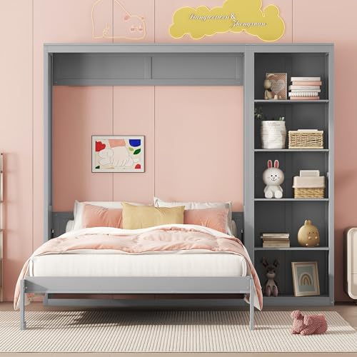 White Full Size Murphy Bed with Storage Shelves I93290