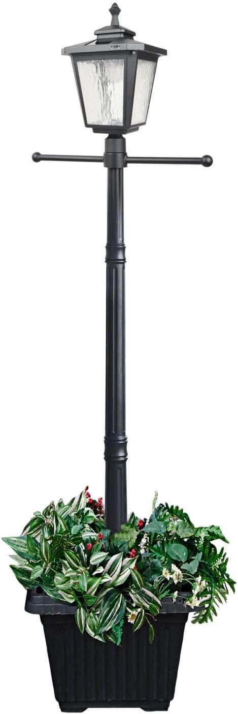 76" Height Solar Lamp Post Lights with Planter, Die-Casting Aluminum, Glass Lampshade with Warm White LED, Matte Black M94037