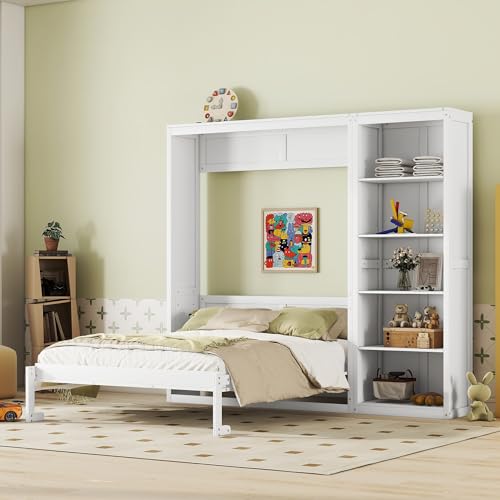White Full Size Murphy Bed with Storage Shelves I93290