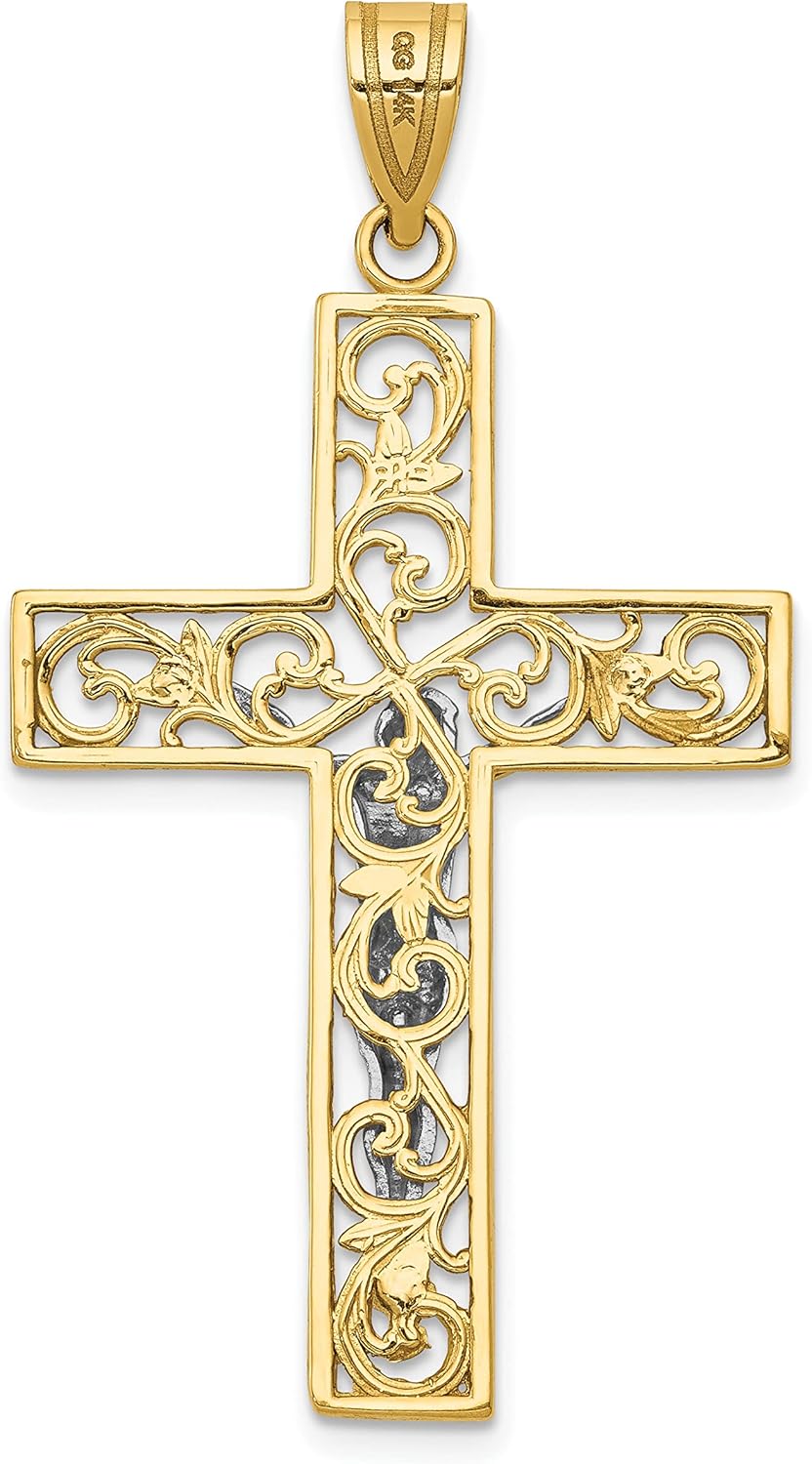 Solid Gold 10K Two-tone Diamond Cut Large Block Filigree Cross Pendant V431