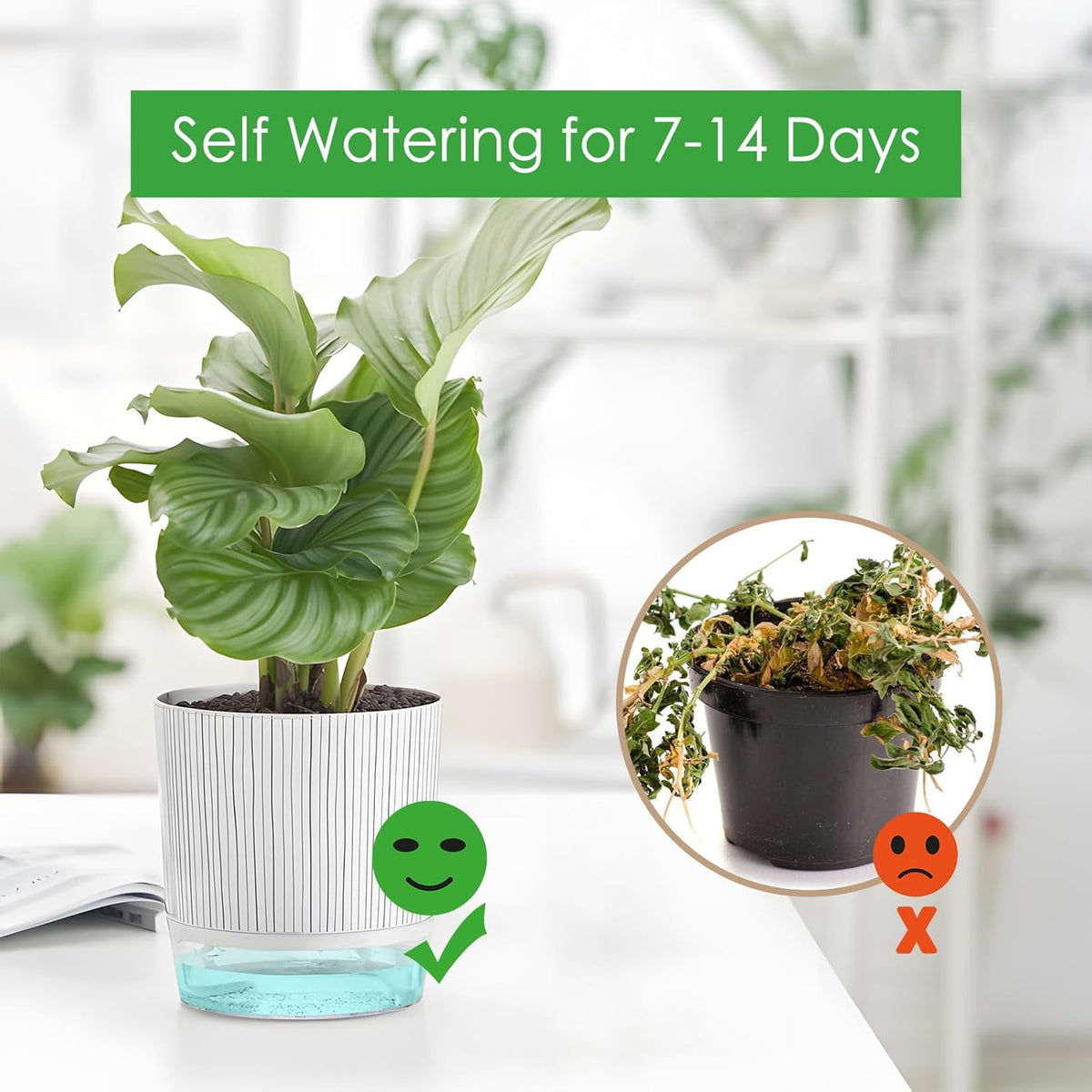 4 Pack Self Watering Pots, 4.3+5.5 Inch Planter Pot with Wick Rope and Reservoir V453
