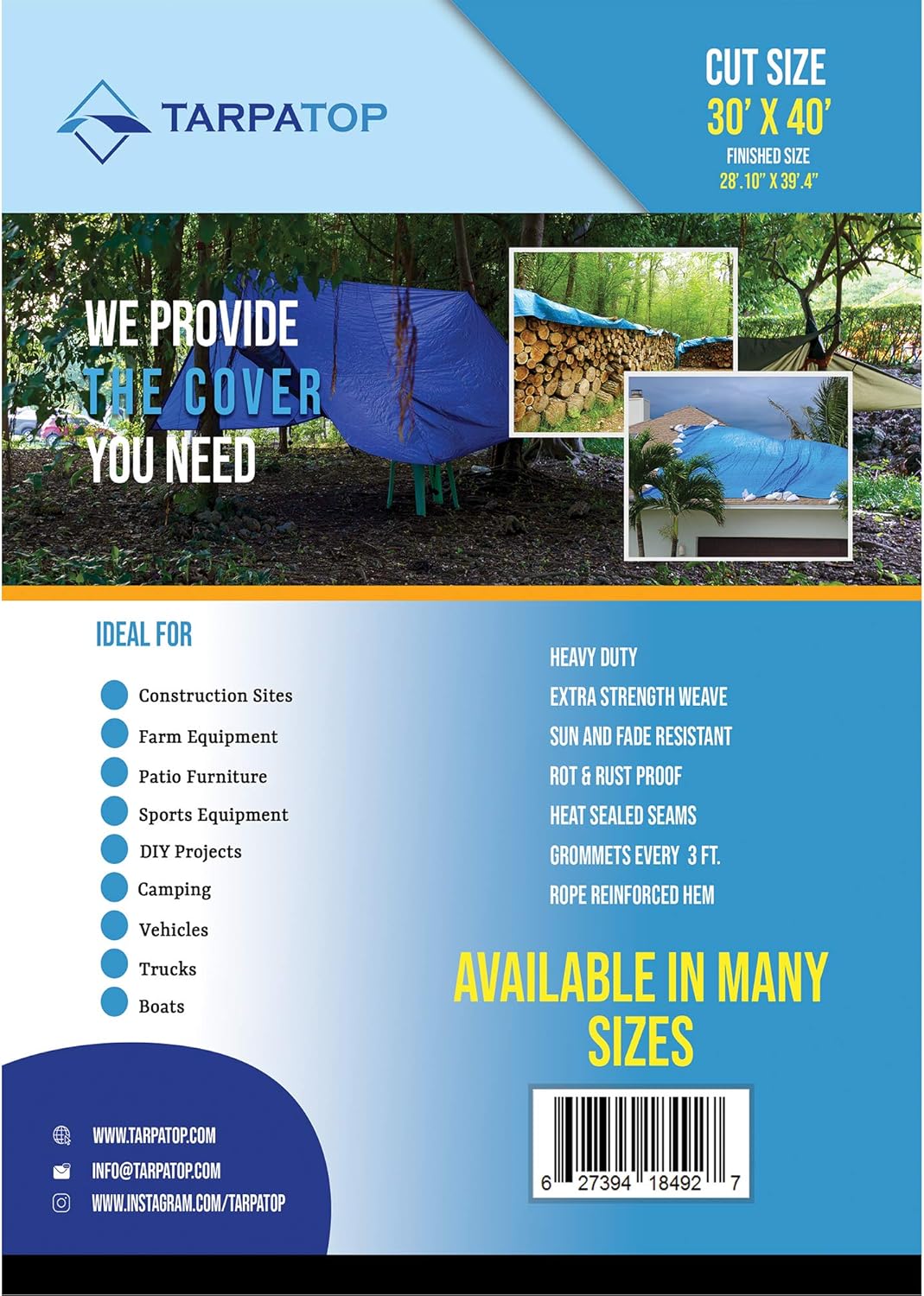 30X40 Waterproof Multi-Purpose Poly Tarp Blue A194