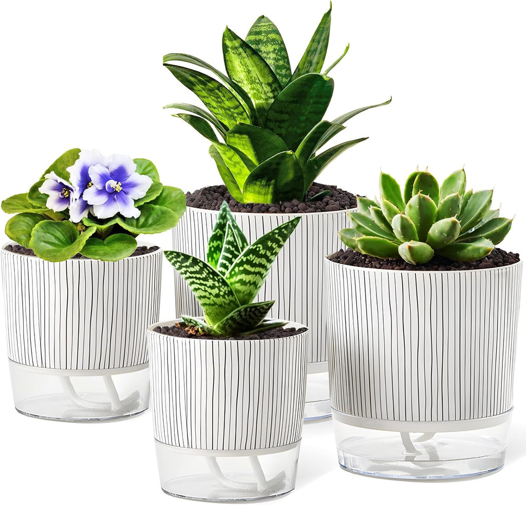 4 Pack Self Watering Pots, 4.3+5.5 Inch Planter Pot with Wick Rope and Reservoir V453