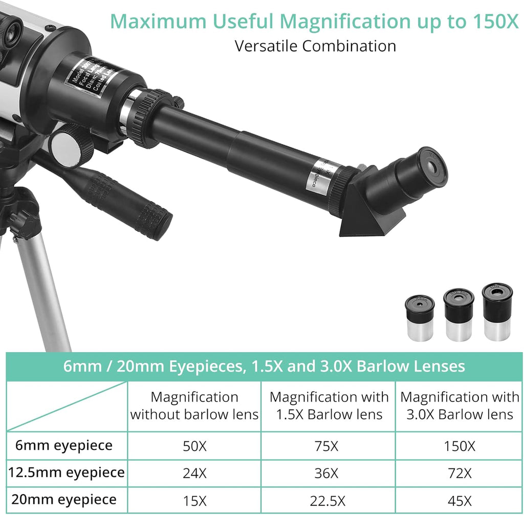 70mm Aperture 300mm Focal Length Refractor Telescope with Adjustable Tripod Stand I7389