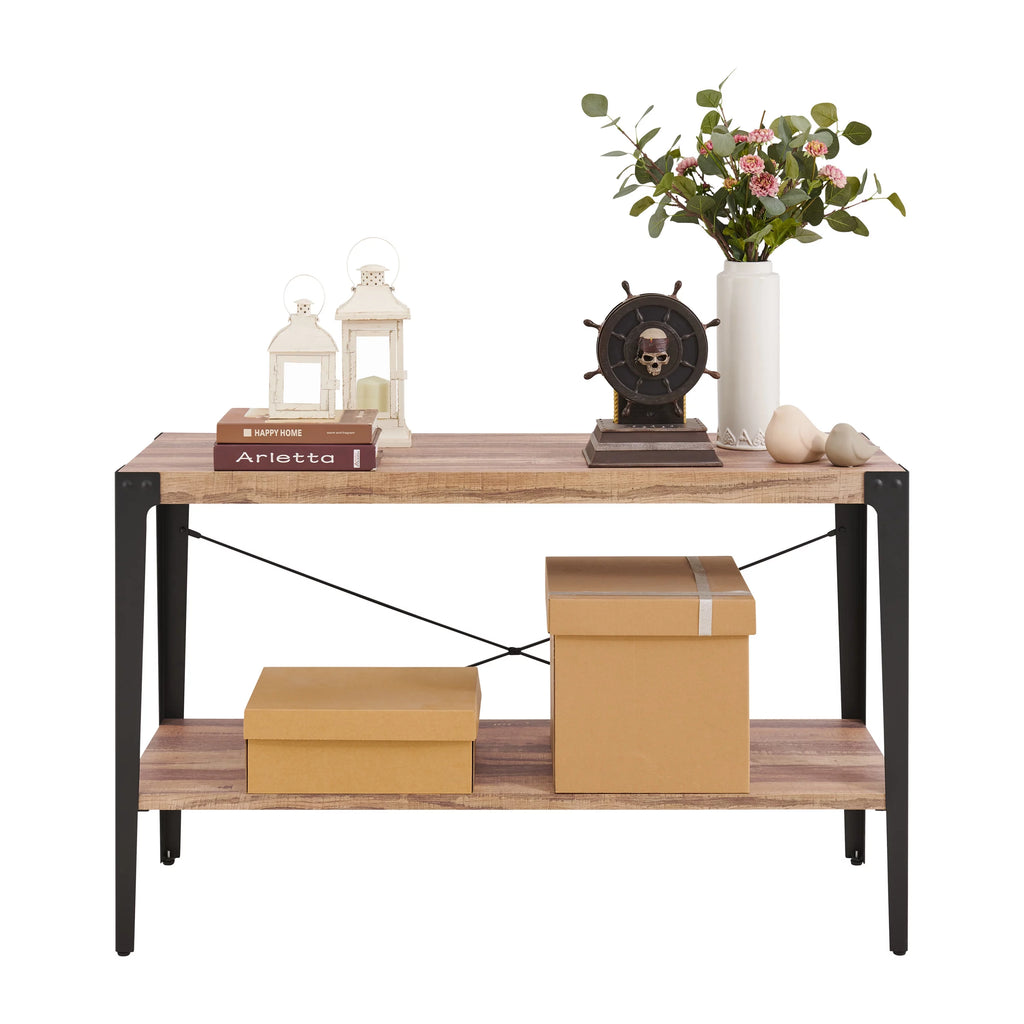 Industrial Console Table with Metal Legs and Distressed Wood Finish F73619