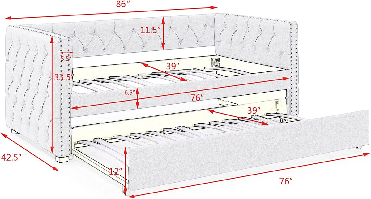 Light Grey Linen Upholstered Twin Size Daybed with Trundle S9181