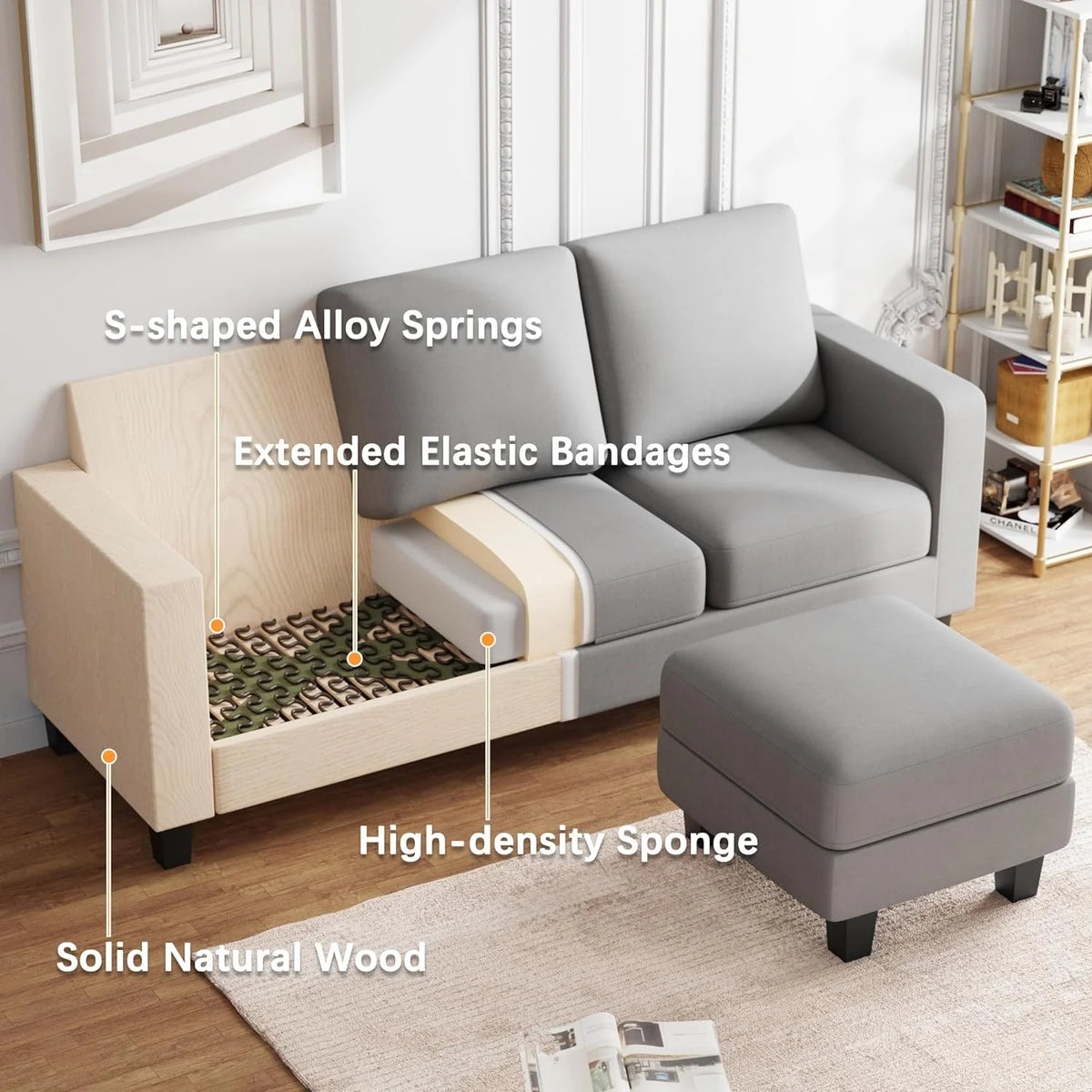 Light Gray Convertible Sectional Sofa with Ottoman H465